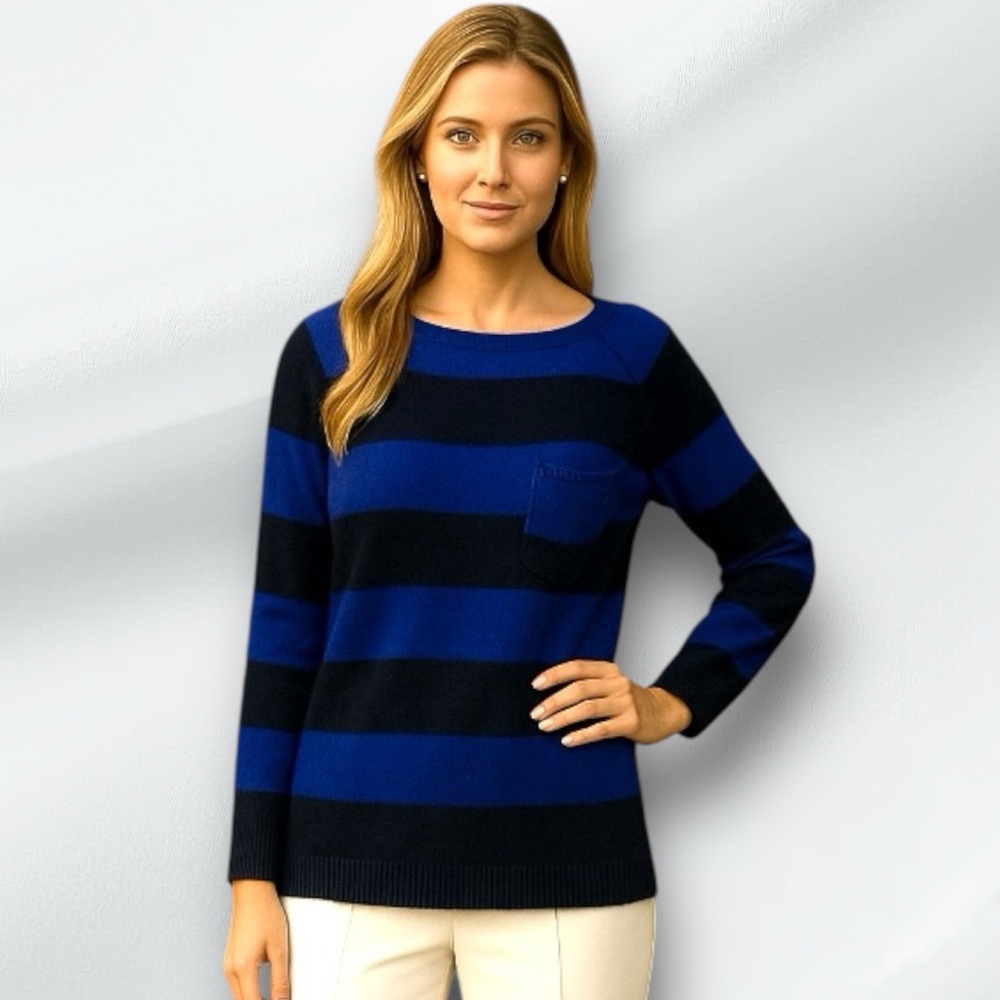 AQUA Cashmere Striped Blue & Black Sweater Raglan Sleeve Pullover L